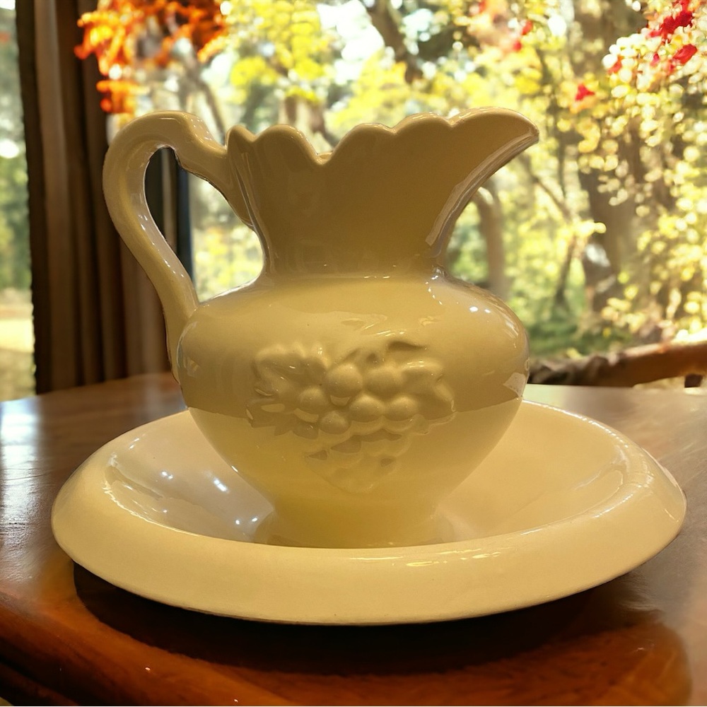 Vintage White Ceramic Pitcher & Wash Basin Set Grape Motif 398